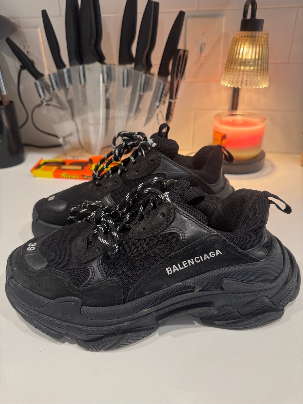 Balenciaga Triple S Men's Black Chunky Sneakers with Contrast Laces - Picture 2 of 3